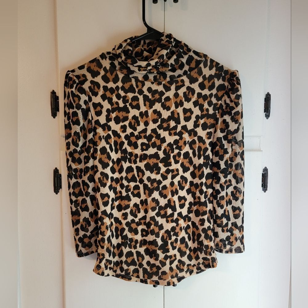 Free People Mesh Gather Turtleneck Leopard Stretch Puff Sleeve Top Small